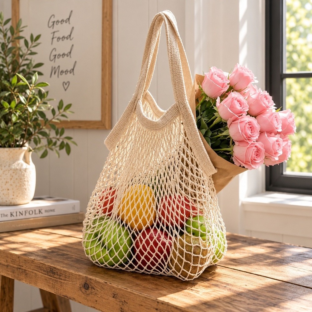 Cotton Cream Mesh Market Bag Reusable Net Tote Eco Friendly Grocery Beach Bag